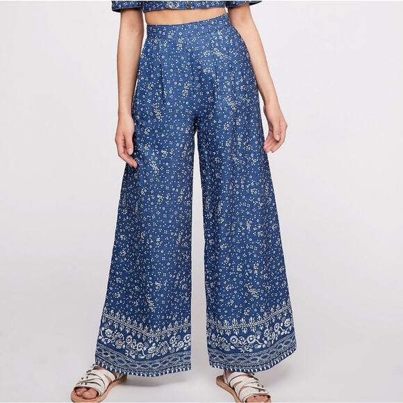 Free People Wild Heart Printed Wide Leg Pant Cotton Linen 8 Side Zip High Rise - Picture 1 of 7